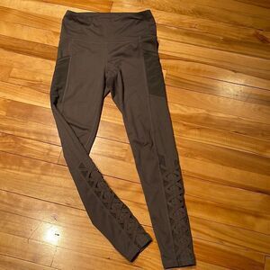 MINQ gray faux lacing over net lower leg hip pocket leggings. Small.
